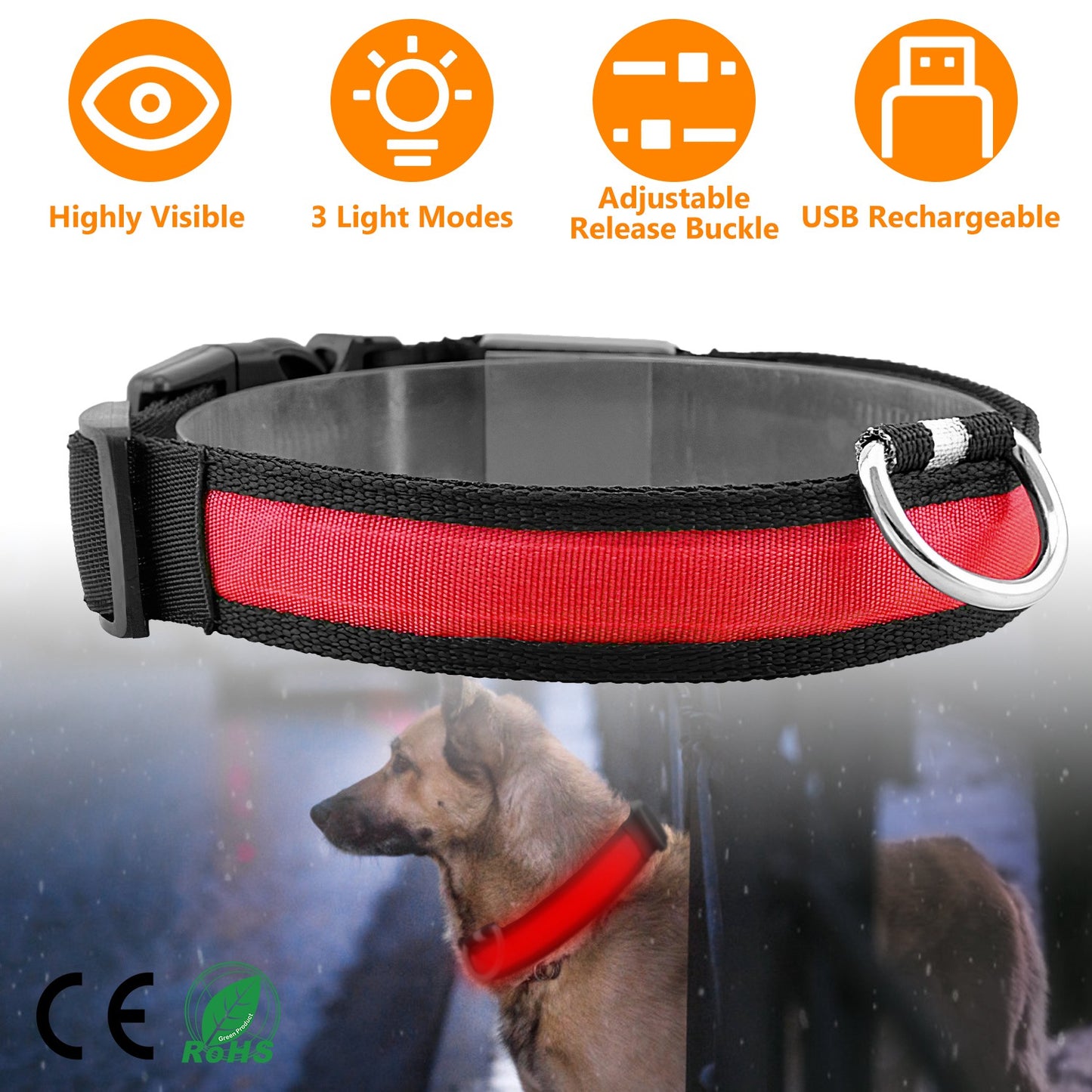 LED Dog Collar USB Rechargeable with Night Safety Lights