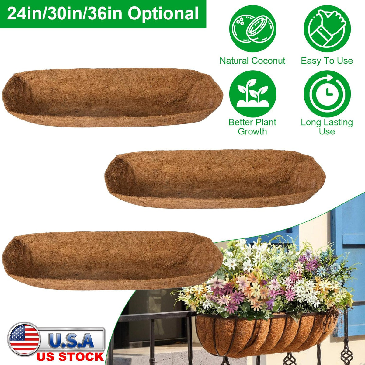 3Pcs 24in/30in/36in Trough Coco Liners For Planters Coconut Coir Planter for Window Box Hanging Trough Basket Half Moon Planter Liner Replacement For