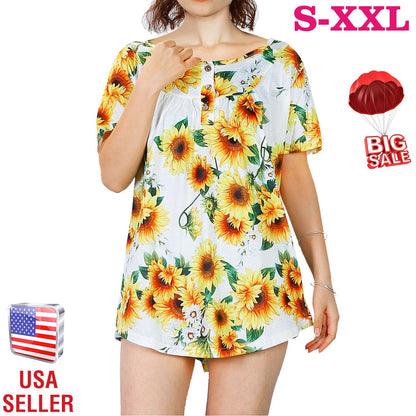 Women Summer Shirts Tops Loose Short Sleeve T Shirts Casual Floral Printed Button Shirts Blouse S-XXL