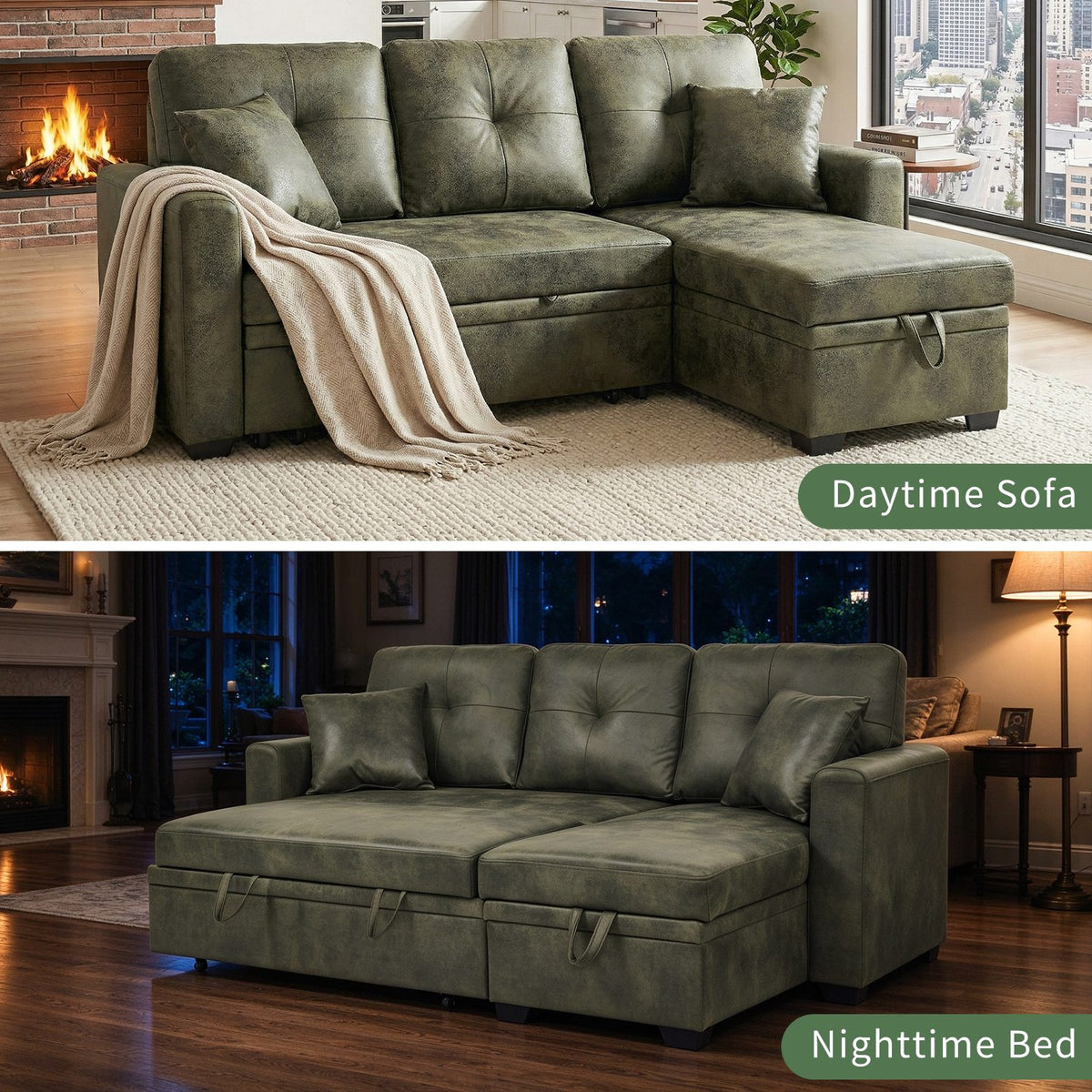 Sleeper Sofa with Pull-Out Bed, L-Shaped Sectional Couch with Reversible Chaise and Storage, Foil Fabric Upholstered Sof