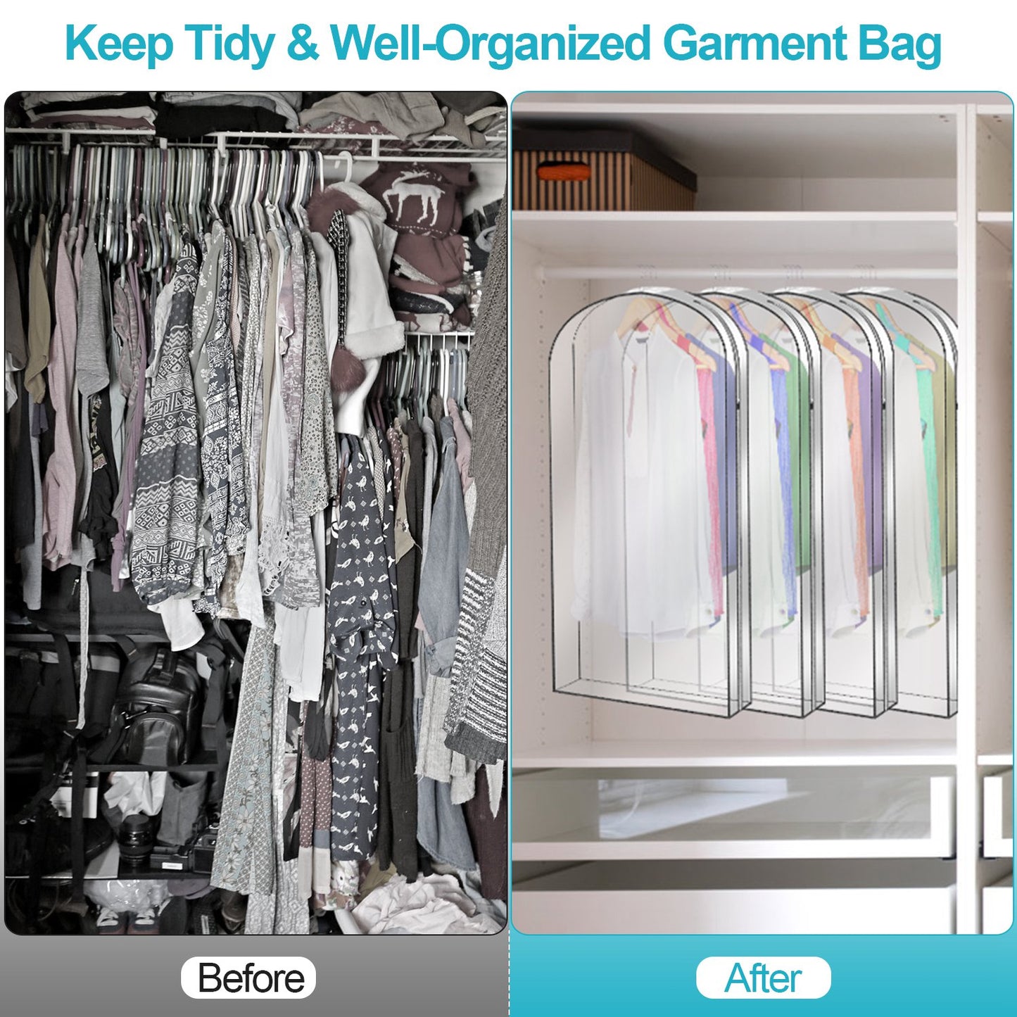 Hanging Garment Bags 60 Inch - 5 Pack Clear Dustproof Storage