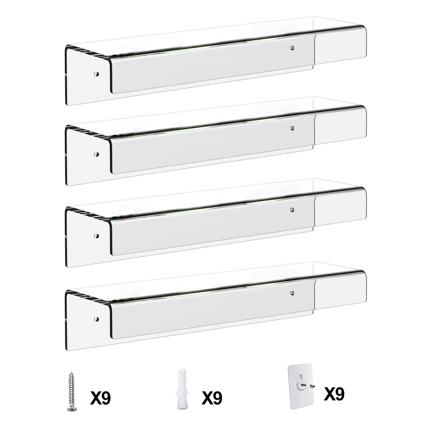Clear Acrylic Floating Shelves 4 Pack - 15 Inch Wall Mounted