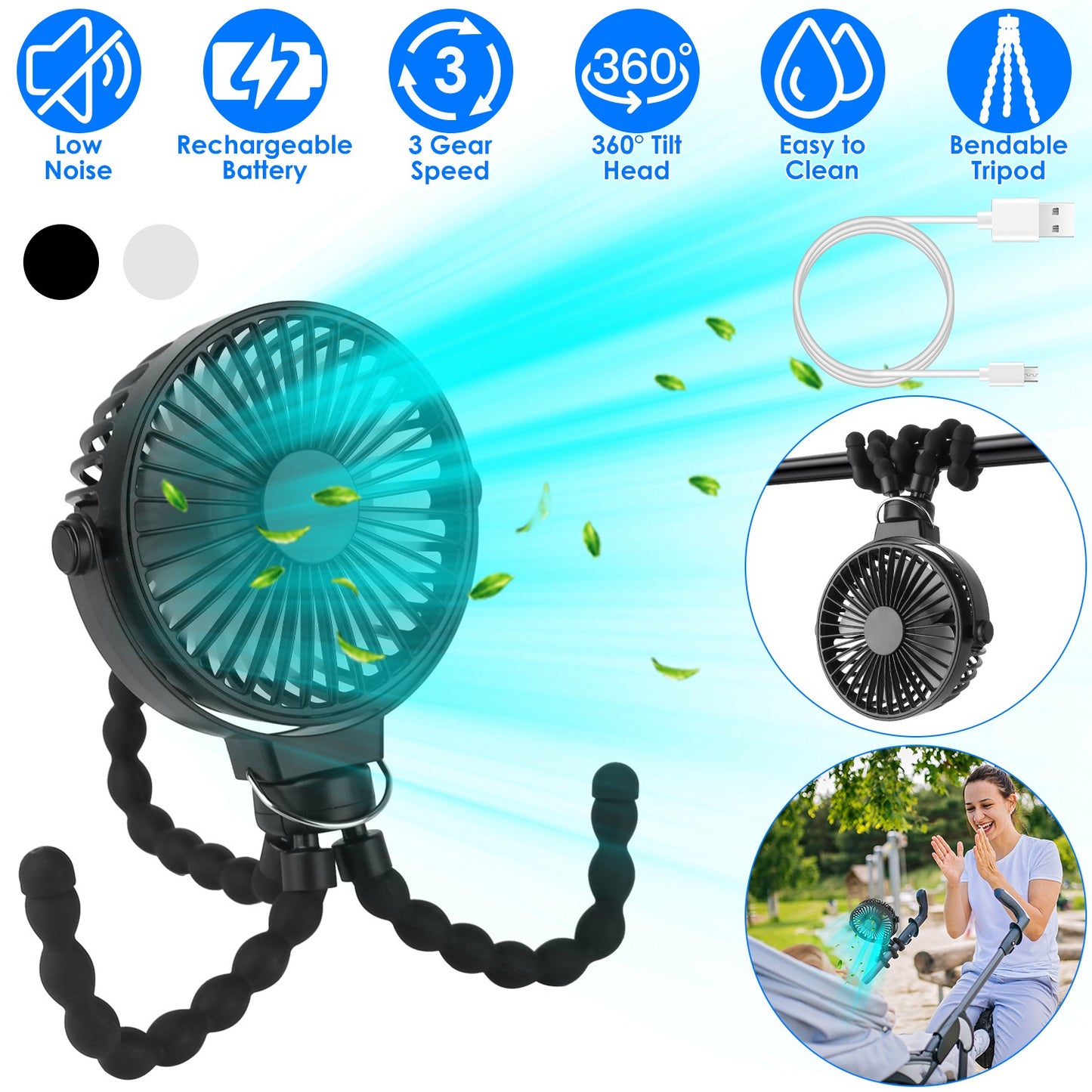 Portable Stroller Fan with Flexible Tripod & Rechargeable Battery