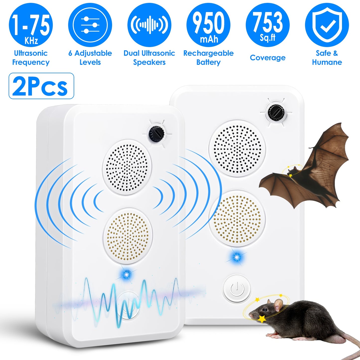 Ultrasonic Bat Repellent 2-Pack Rechargeable Indoor Outdoor