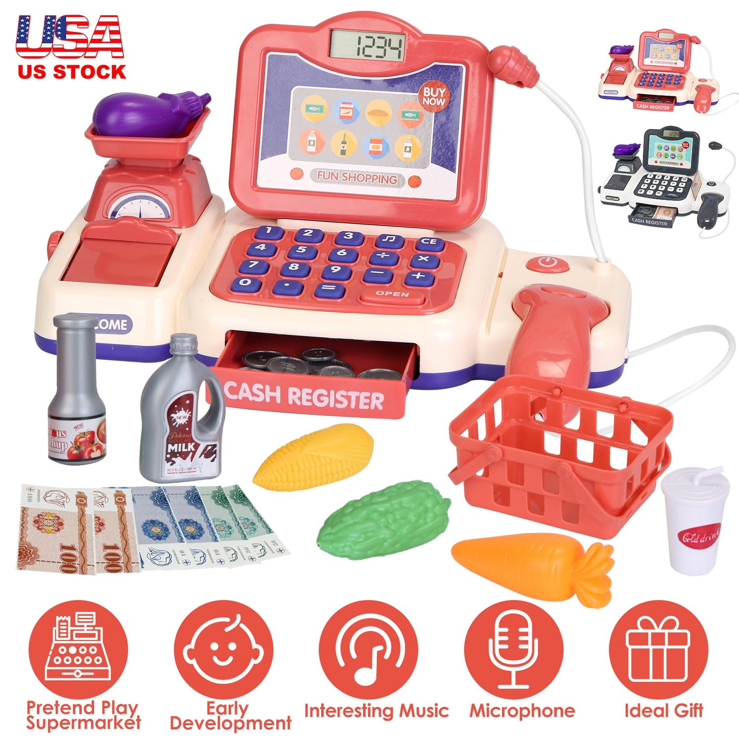 Kids Cash Register Pretend Play Toy with Scanner & Accessories