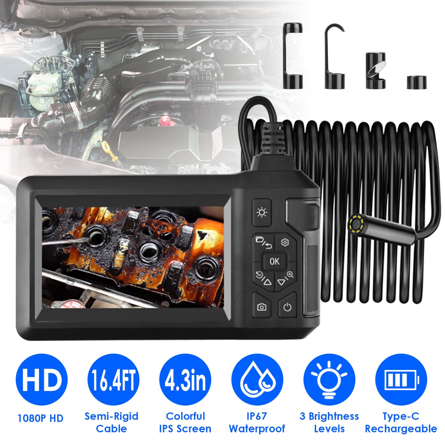 1080P Endoscope Camera with 4.3" Screen and 16.4FT Cable