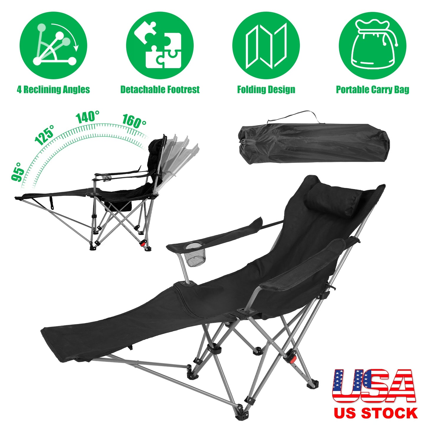 Reclining Camping Chair with Footrest - 4-Position Adjustable