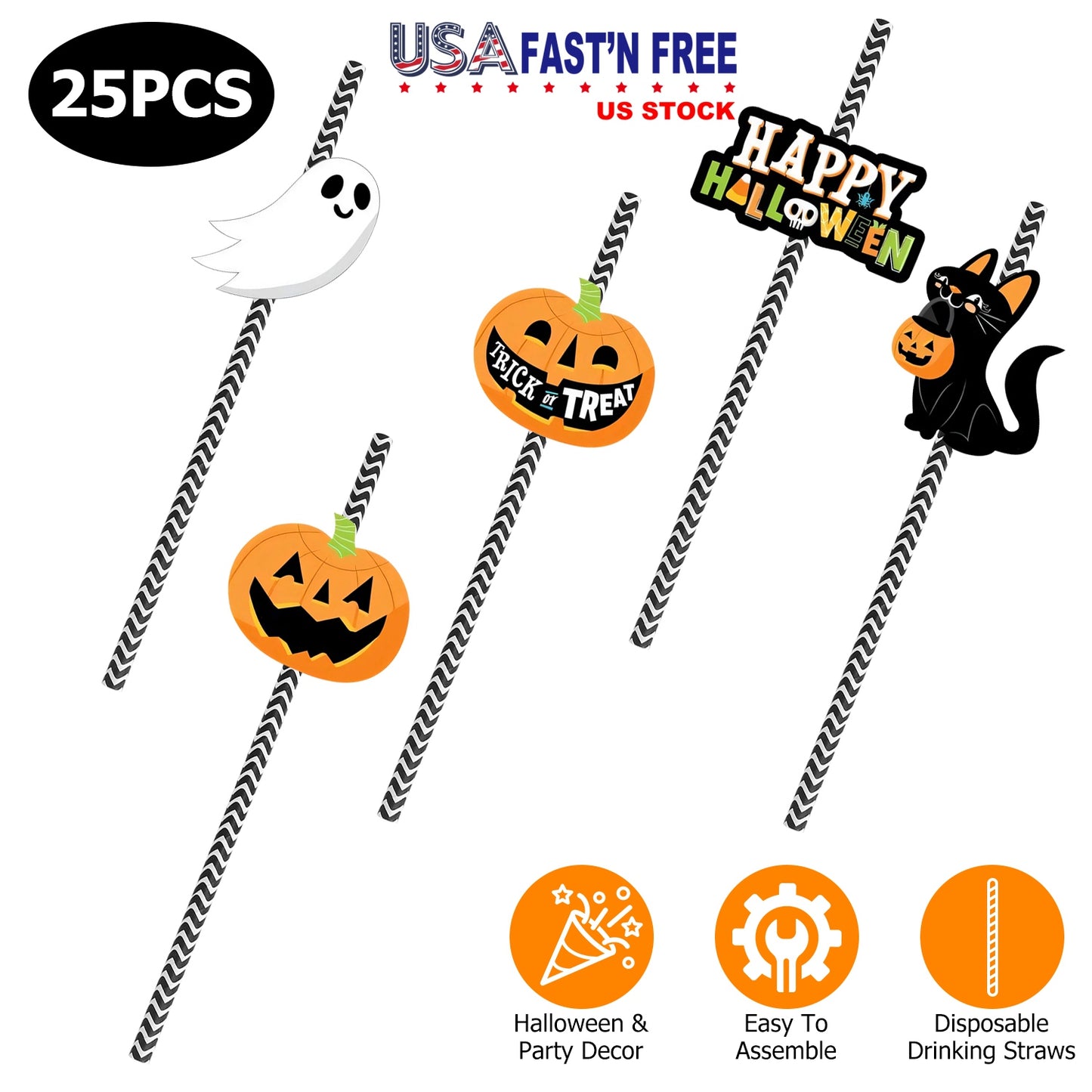 Halloween Party Paper Straws with Decorative Cards - 25 Pack