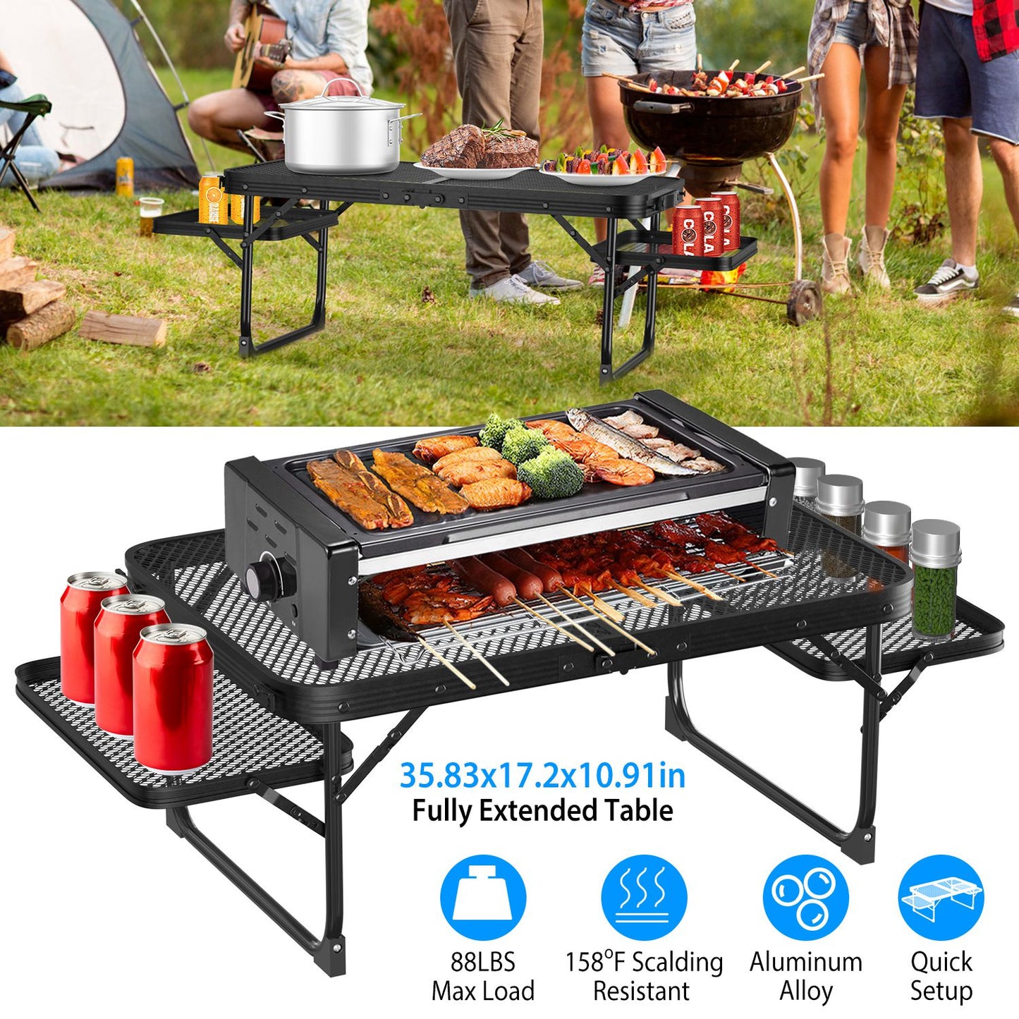 Foldable Camping Table with Dual Side Trays - 88 LBS Capacity