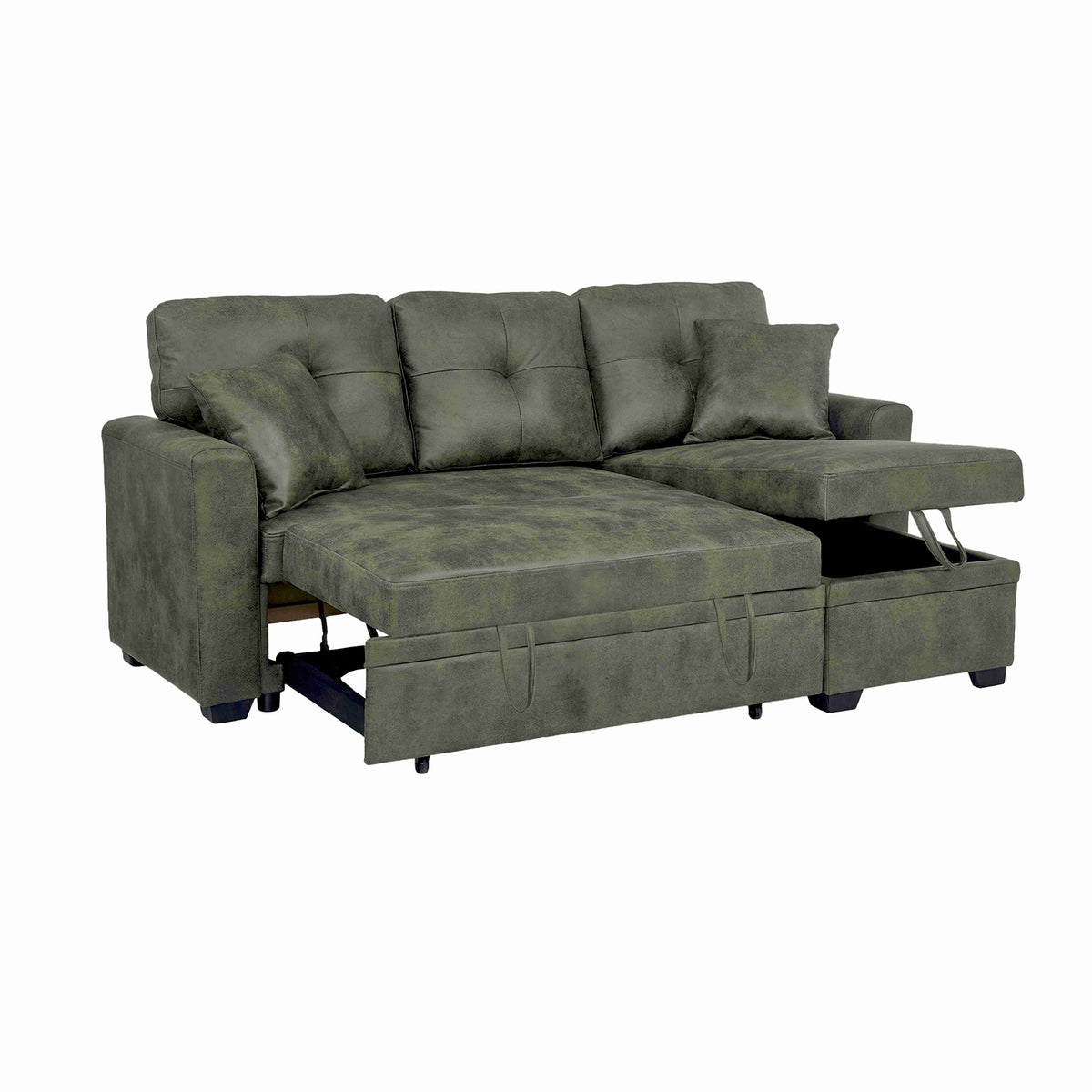 Sleeper Sofa with Pull-Out Bed, L-Shaped Sectional Couch with Reversible Chaise and Storage, Foil Fabric Upholstered Sof