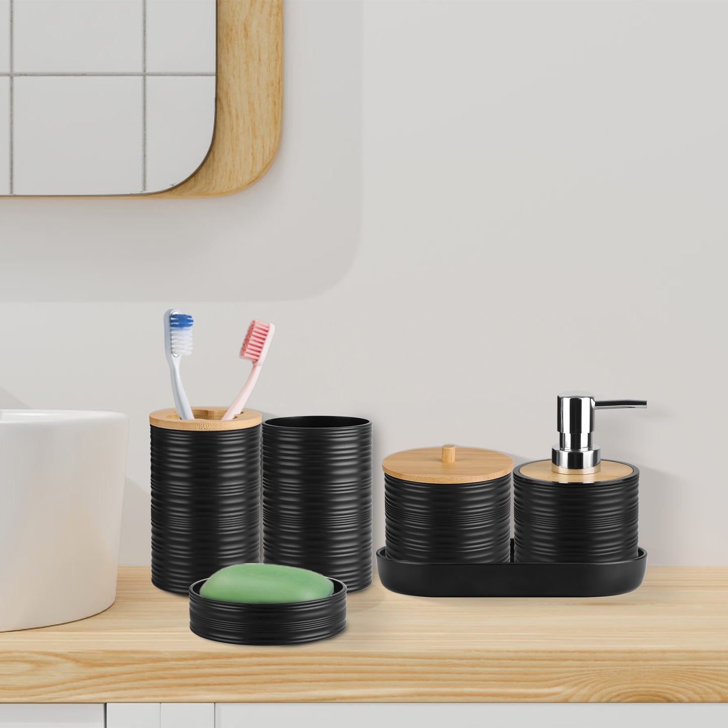 8-Piece Bathroom Accessories Set with Bamboo Accents