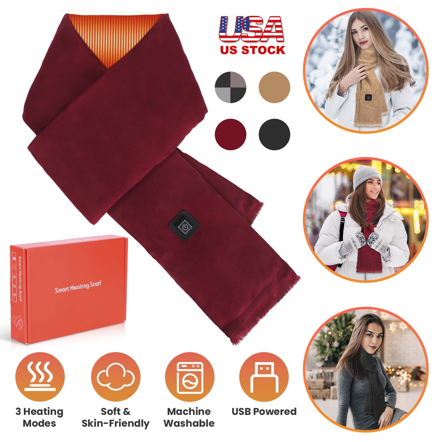 USB Heated Winter Scarf with 3 Temperature Settings