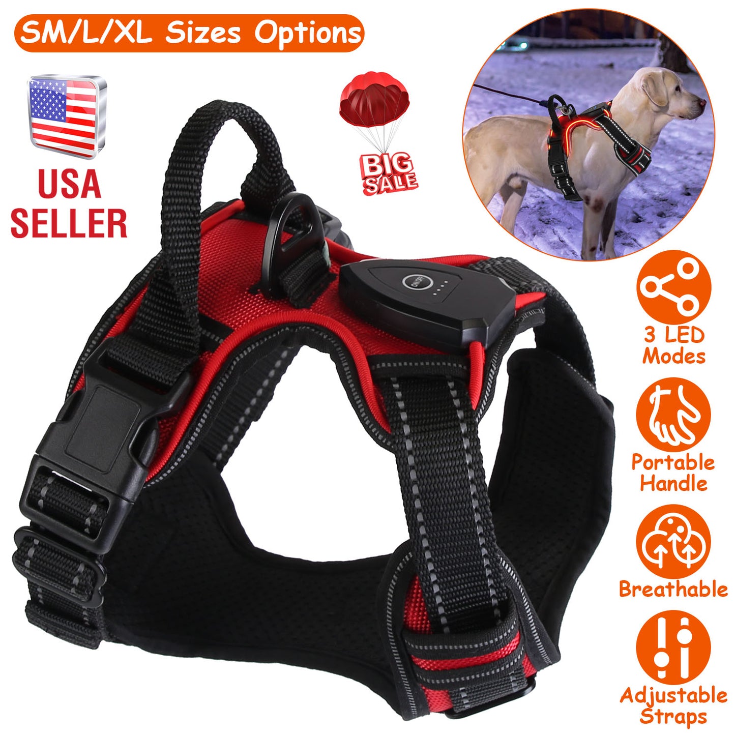 LED Dog Harness Rechargeable No-Pull Vest with Handle