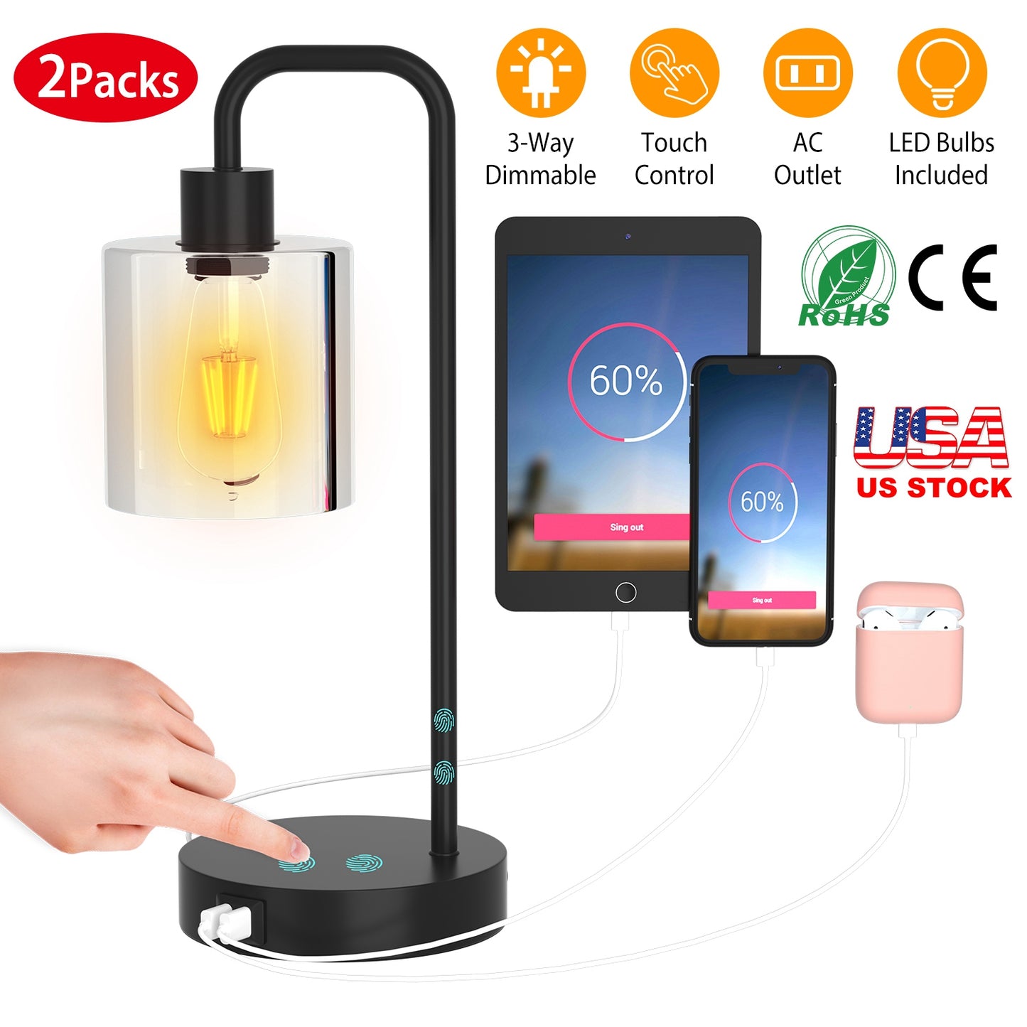Touch Control Table Lamp with USB Ports & Dimmable Light