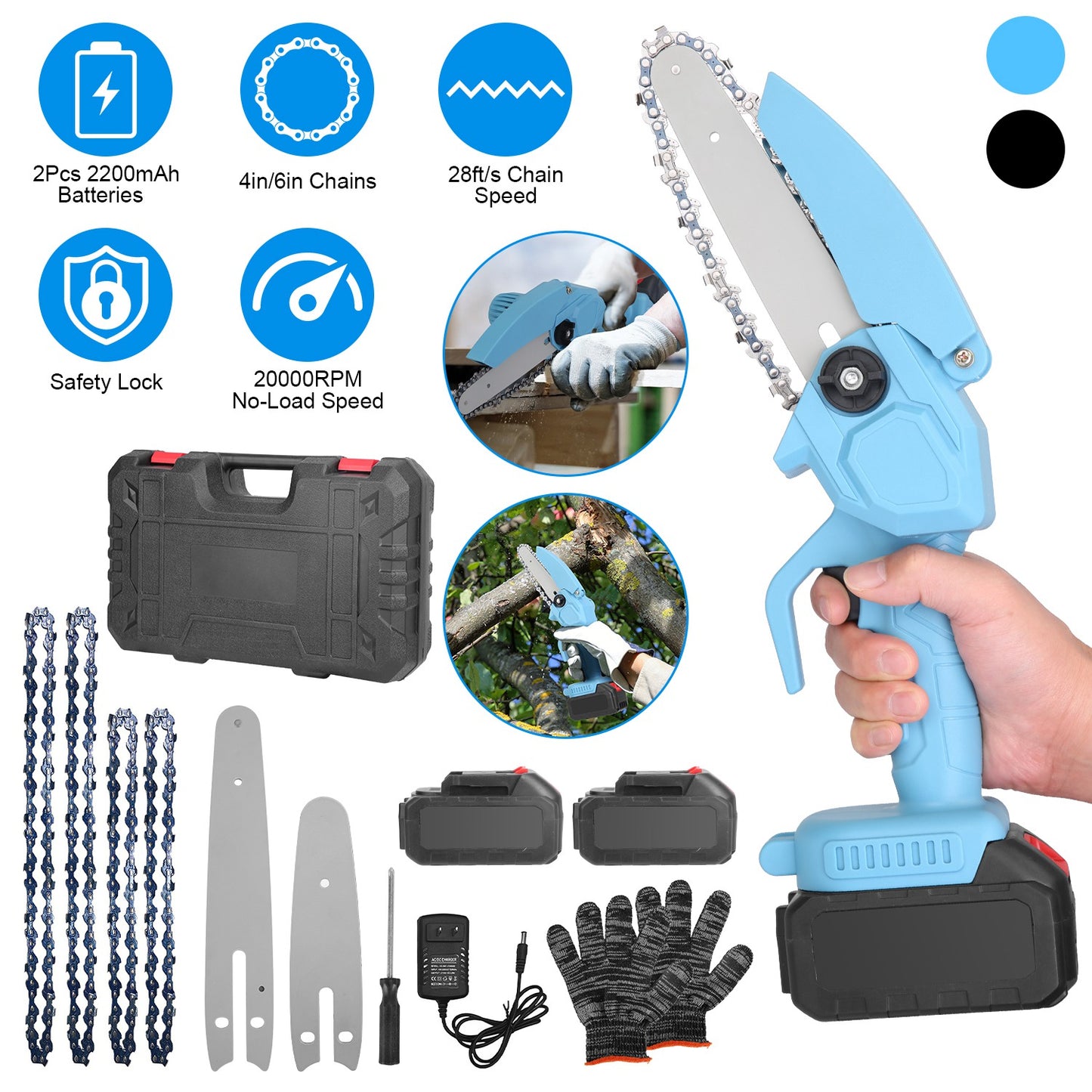 Mini Chainsaw Cordless Electric with 4in & 6in Chains