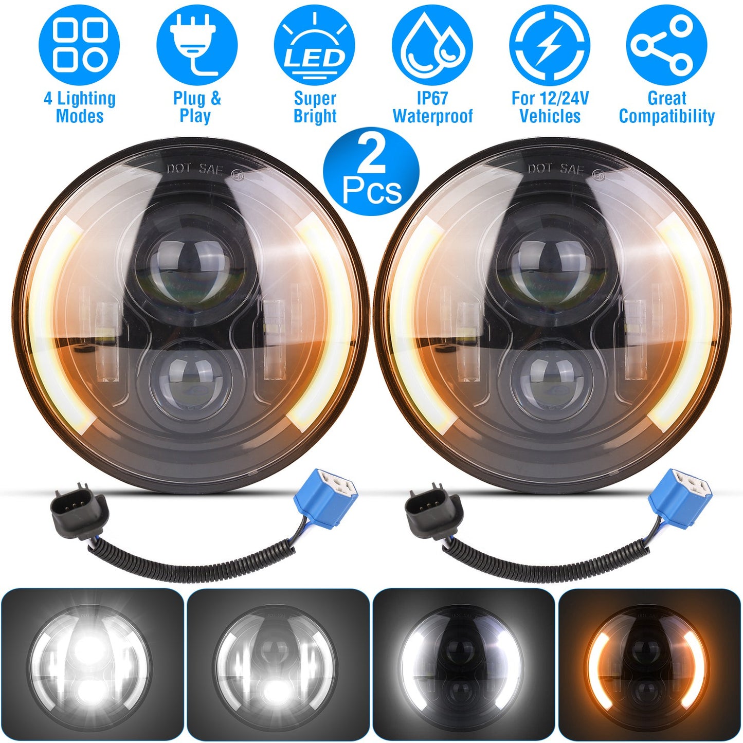 7 Inch Round LED Headlight with Halo DRL & Turn Signal