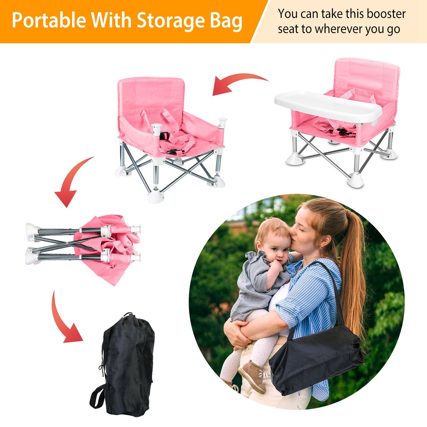 Portable Baby Booster Seat with Detachable Tray & Carry Bag