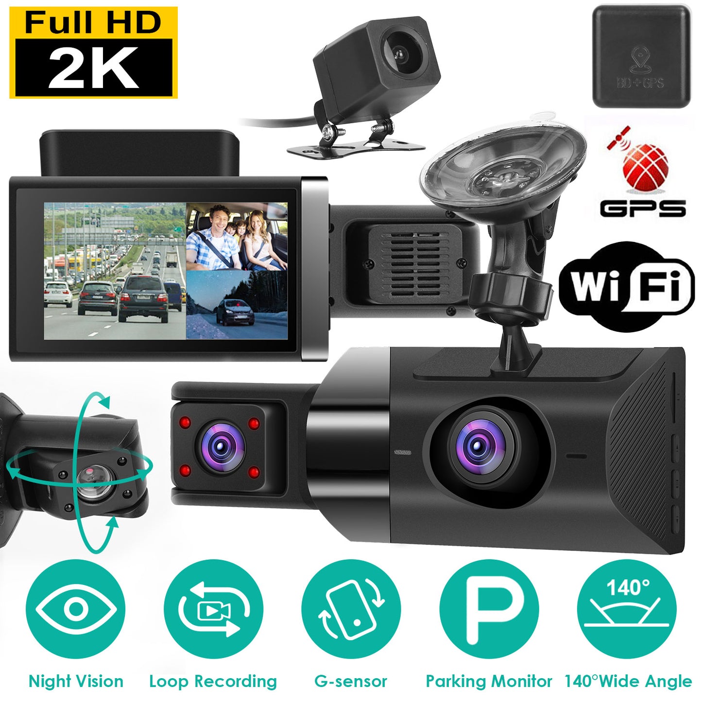 2K Dash Cam with 3 Channels, GPS, WiFi & Night Vision