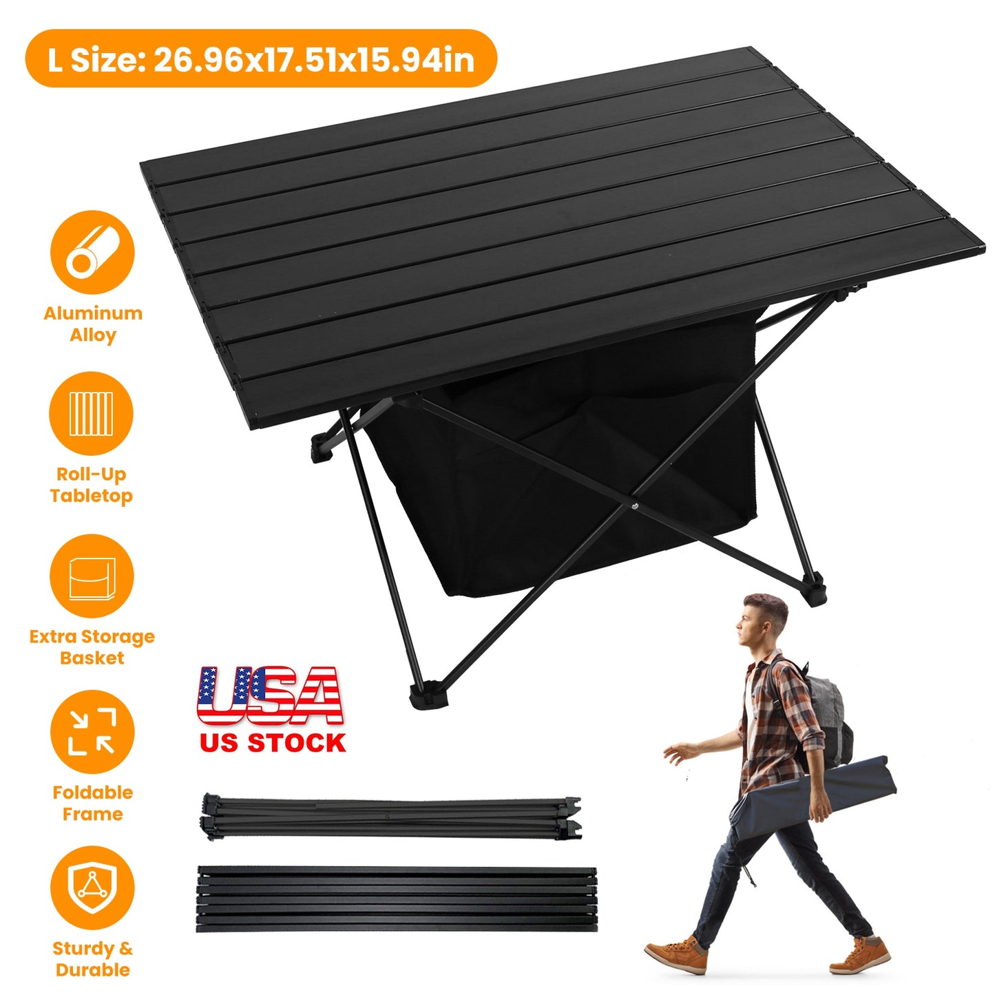 Foldable Camping Table with Storage Basket and Carrying Bag