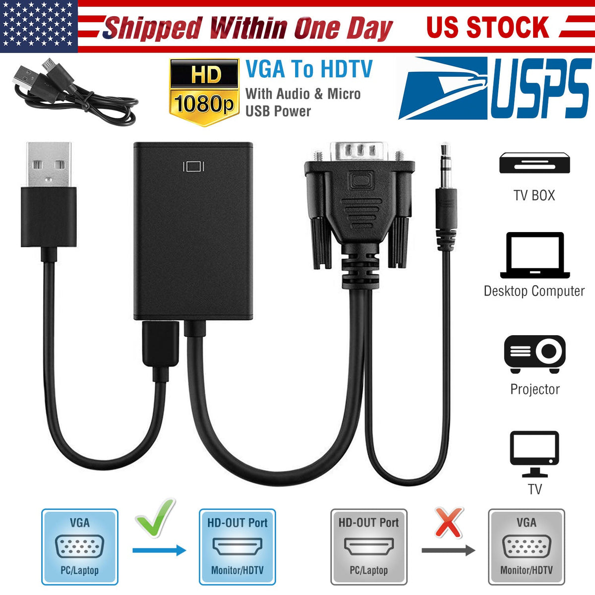 VGA to HD IN & HD OUT Converter Adapter HD 1080P Video Audio Cable Adapter w/ USB 3.5mm Plug For HDTV TV Projector Laptop