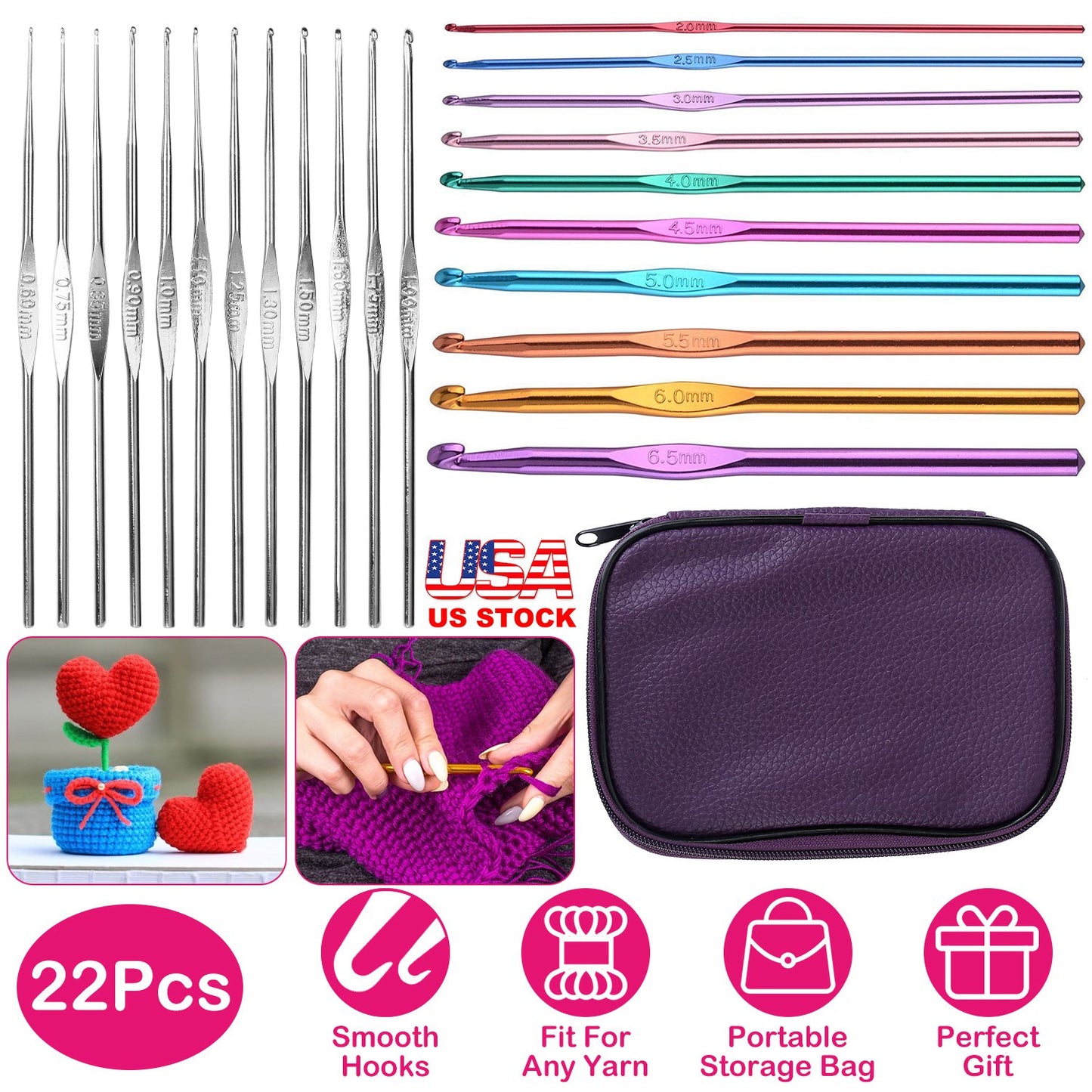Crochet Hook Set 22-Piece with Aluminum Handles & Case