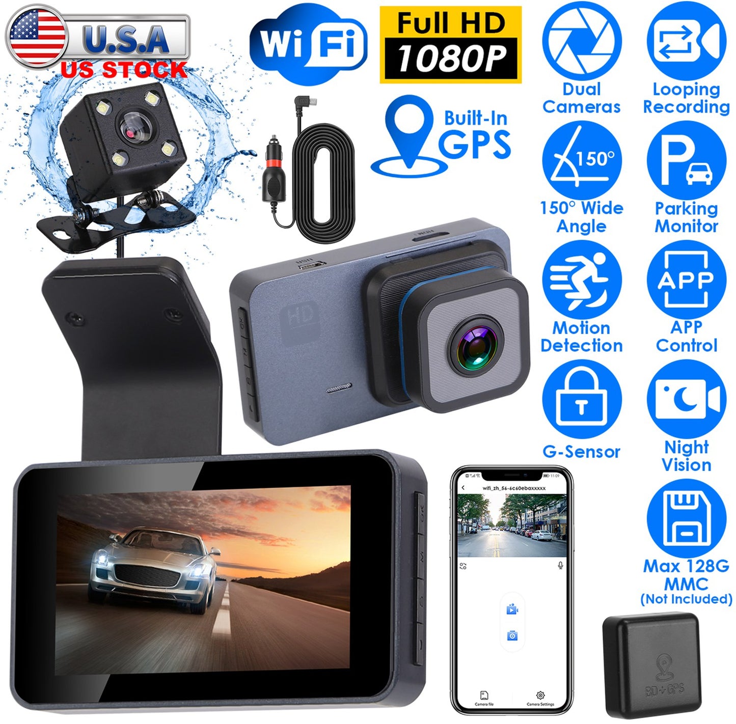 Dual Lens Dash Cam 1080P with WiFi GPS Night Vision