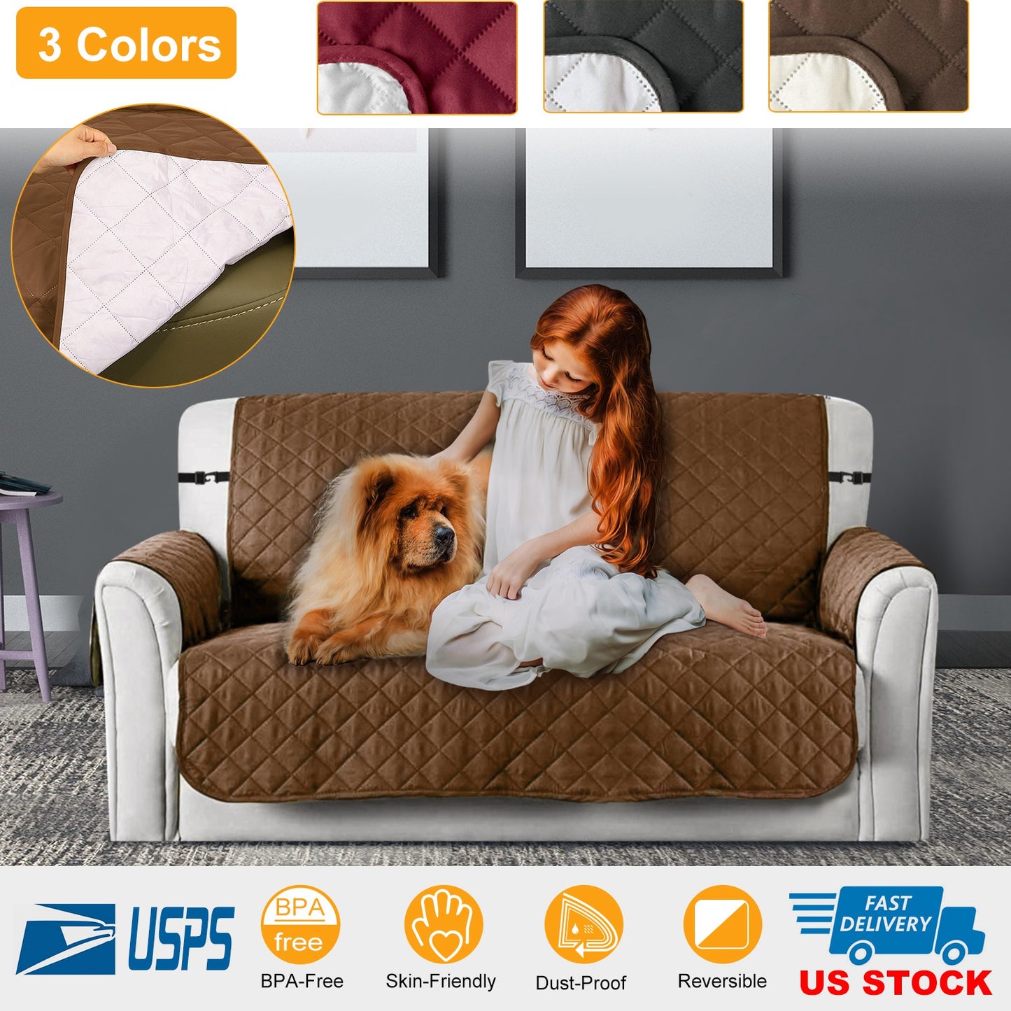 Reversible Sofa Cover with Elastic Straps - Water-Resistant