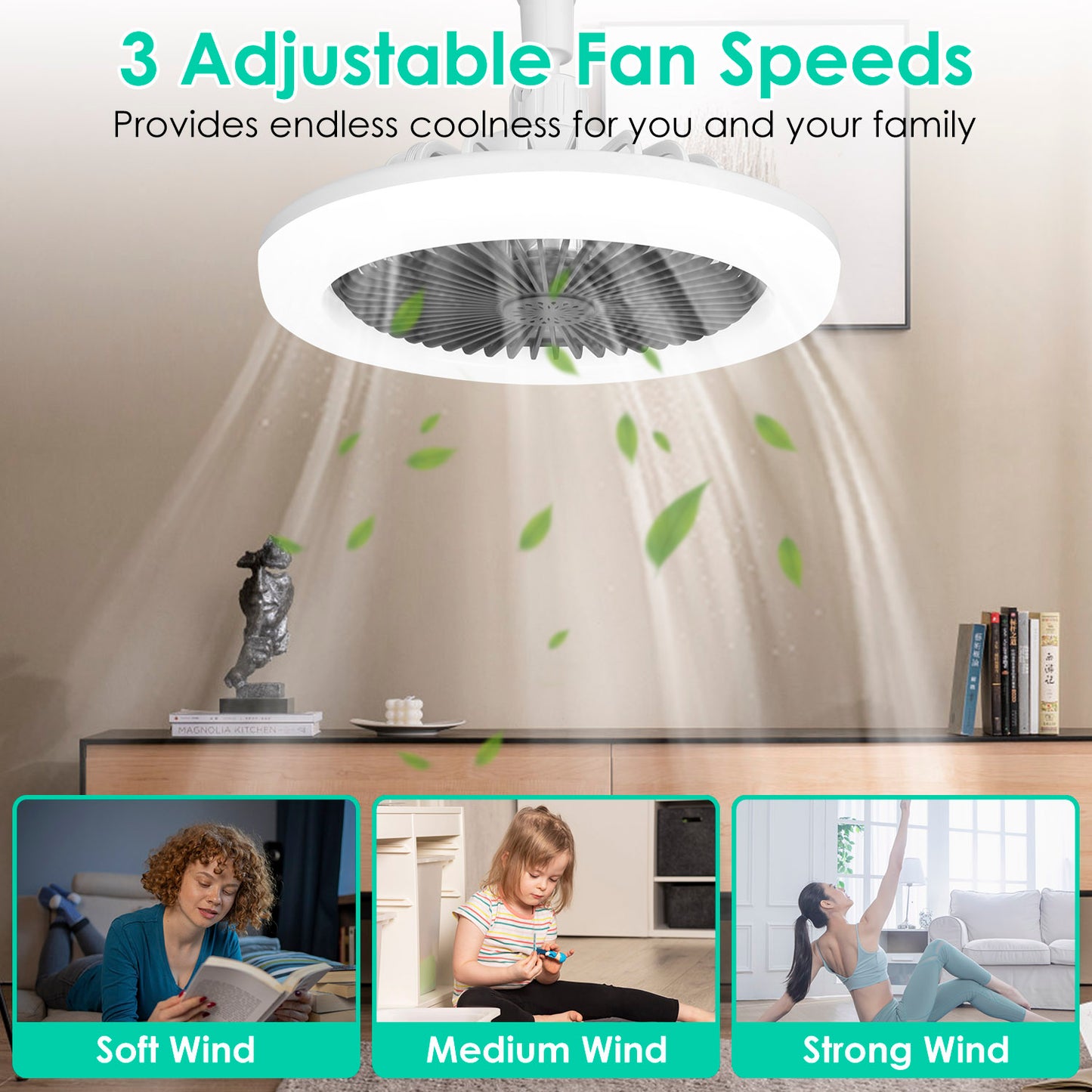 E27 Socket Ceiling Fan with Dimmable LED Light & Remote