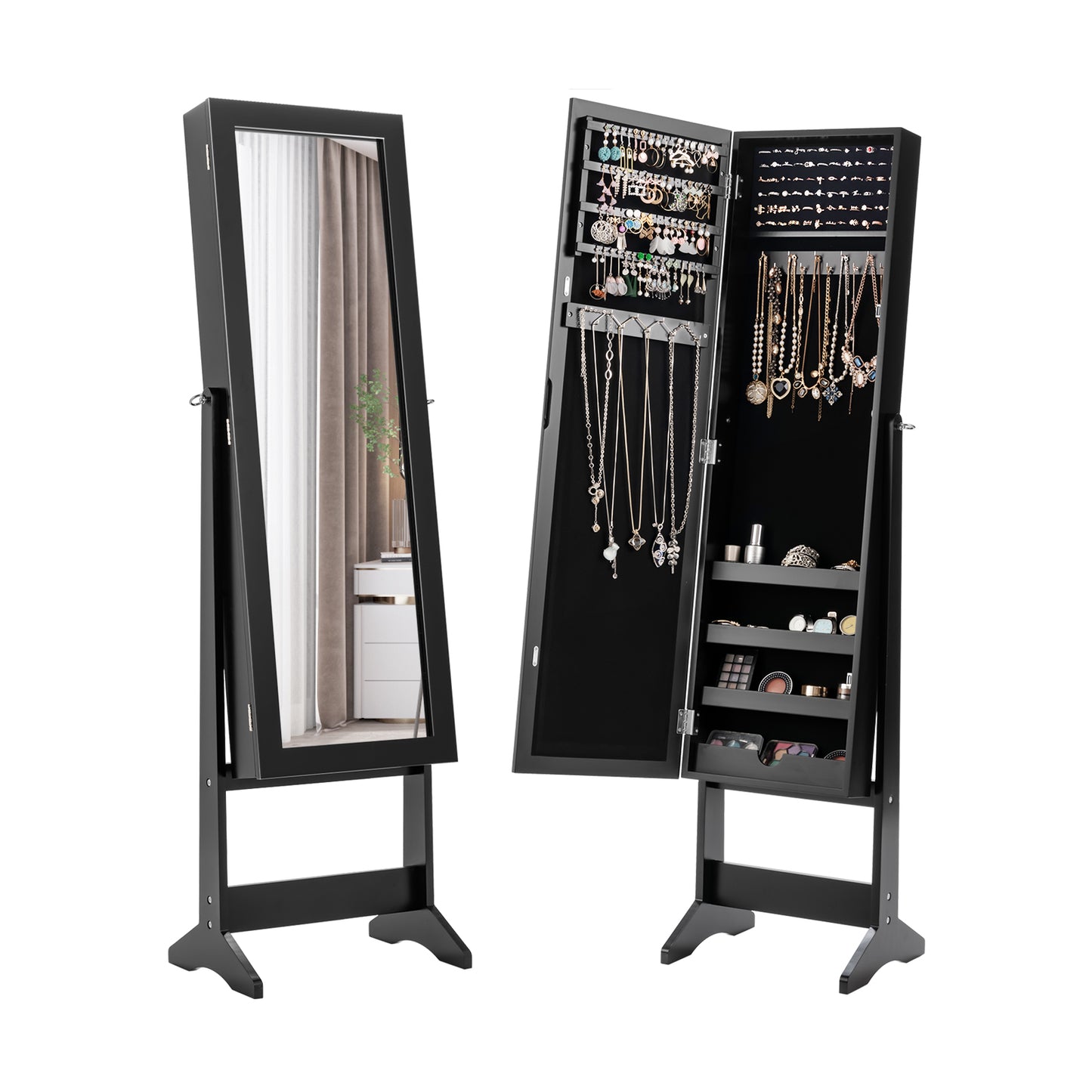 Standing Jewelry Cabinet with Mirror 56" Tall Storage Armoire
