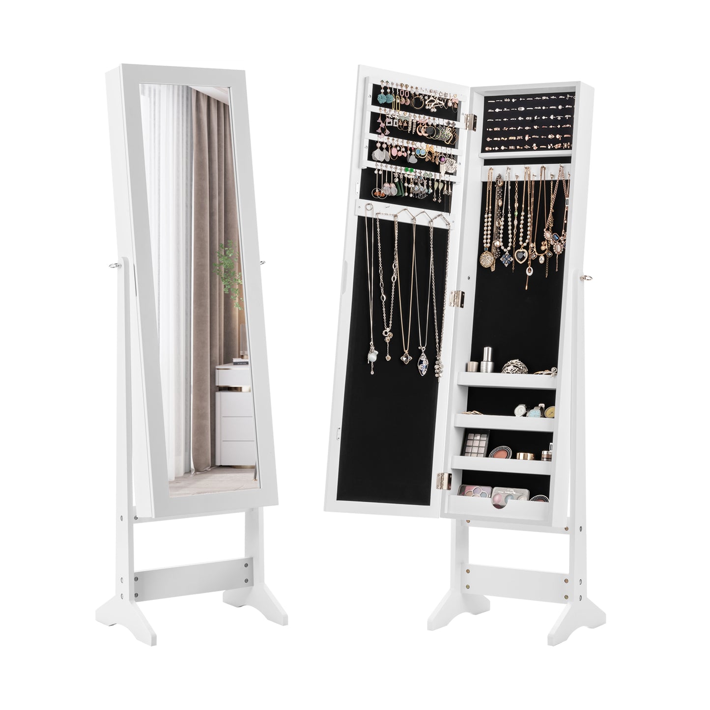 Standing Jewelry Cabinet with Mirror 56" Tall Storage Armoire