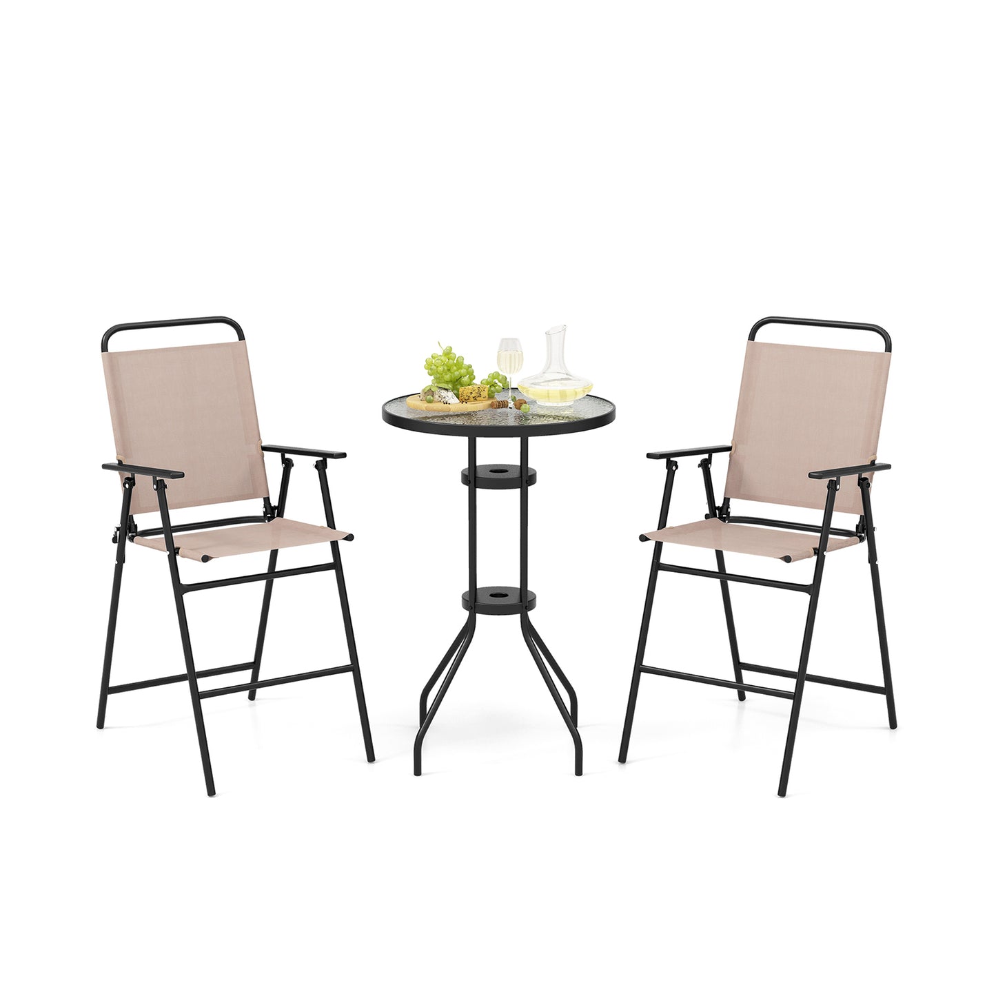 3-Piece Outdoor Bistro Set with Folding Chairs and Glass Table