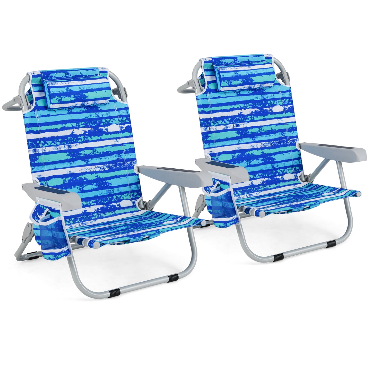 Foldable Beach Chair Set of 2 with Cup Holder & Storage