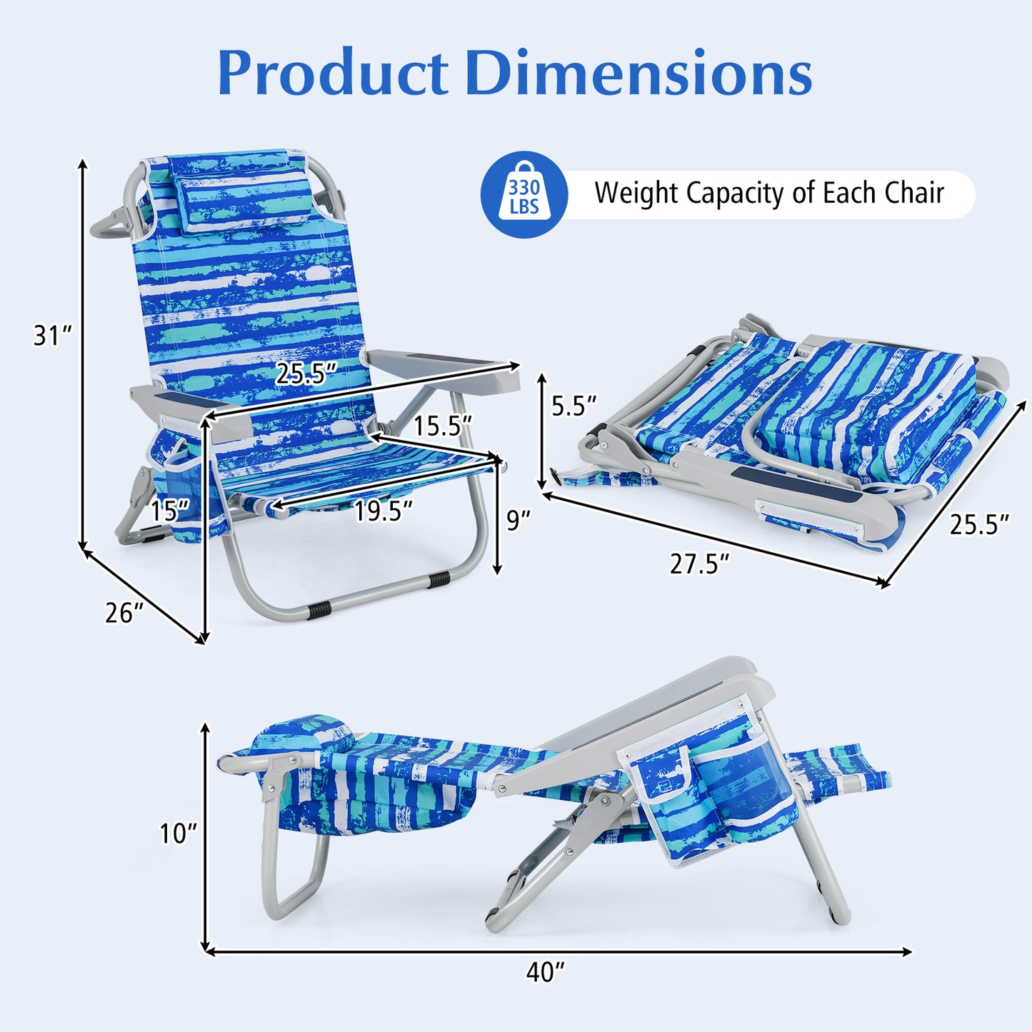 Foldable Beach Chair Set of 2 with Cup Holder & Storage