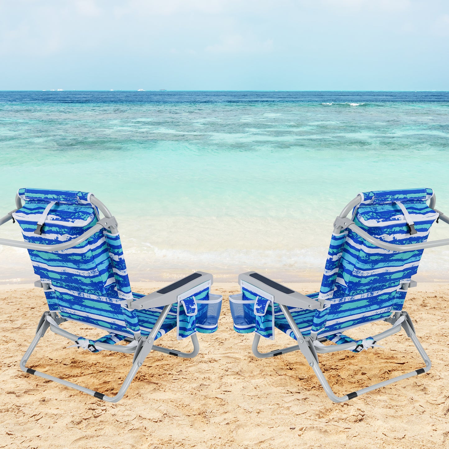 Foldable Beach Chair Set of 2 with Cup Holder & Storage