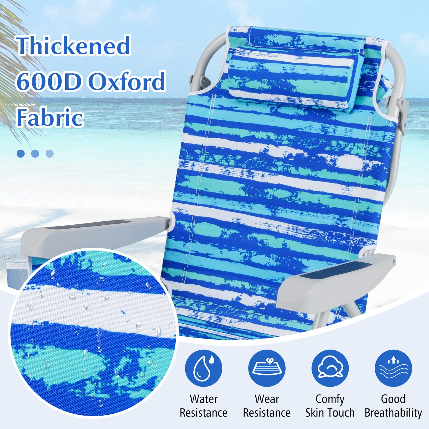 Foldable Beach Chair Set of 2 with Cup Holder & Storage
