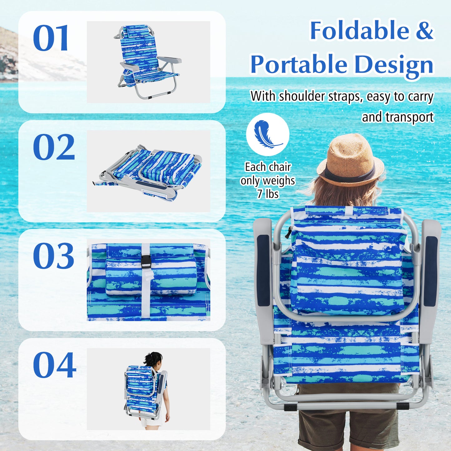 Foldable Beach Chair Set of 2 with Cup Holder & Storage