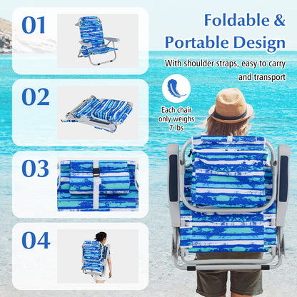 Foldable Beach Chair Set of 2 with Cup Holder & Storage
