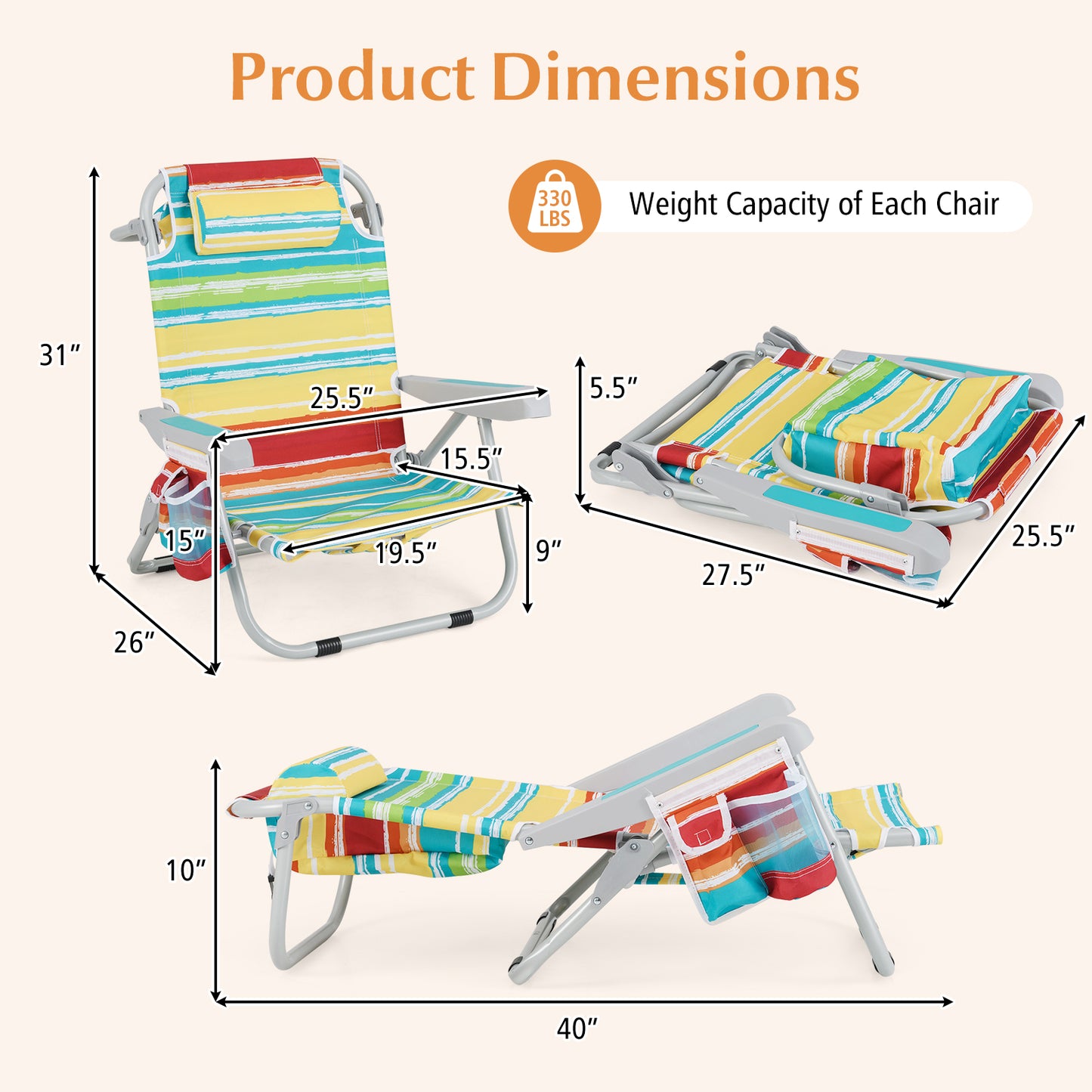 Foldable Beach Chair Set of 2 with Cup Holder & Storage