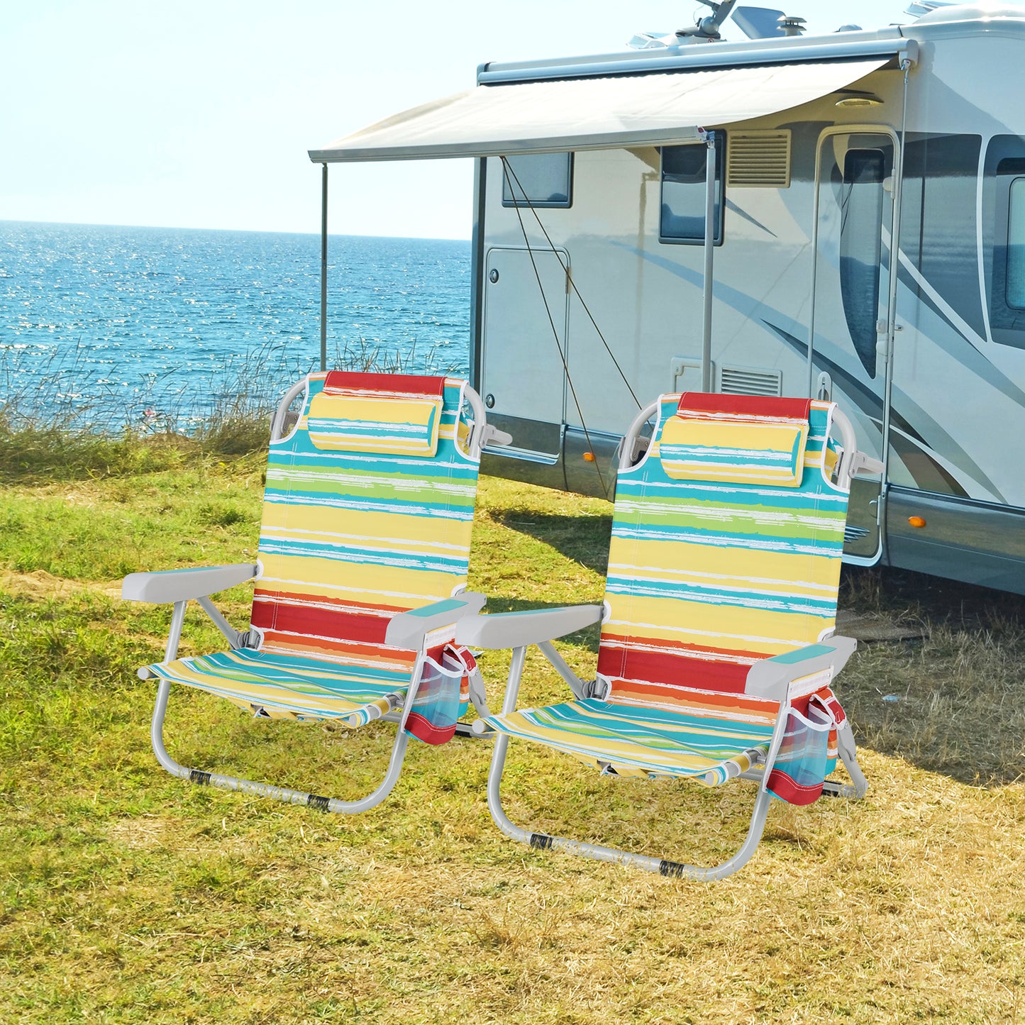 Foldable Beach Chair Set of 2 with Cup Holder & Storage