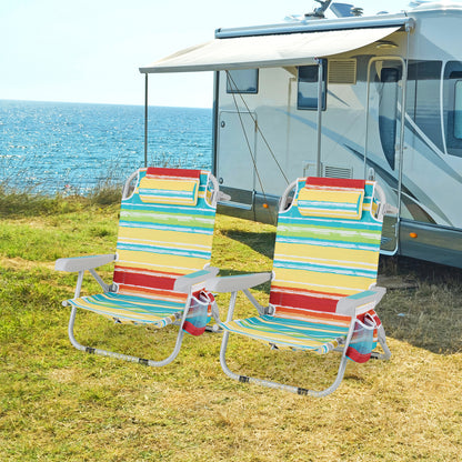 Foldable Beach Chair Set of 2 with Cup Holder & Storage