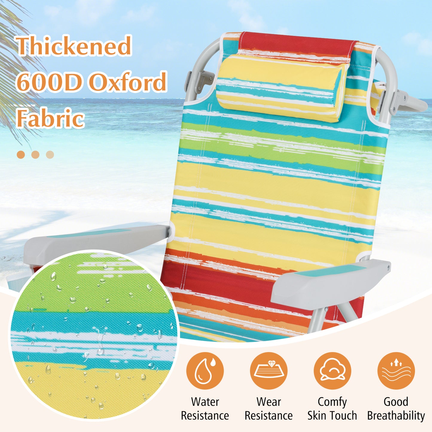 Foldable Beach Chair Set of 2 with Cup Holder & Storage