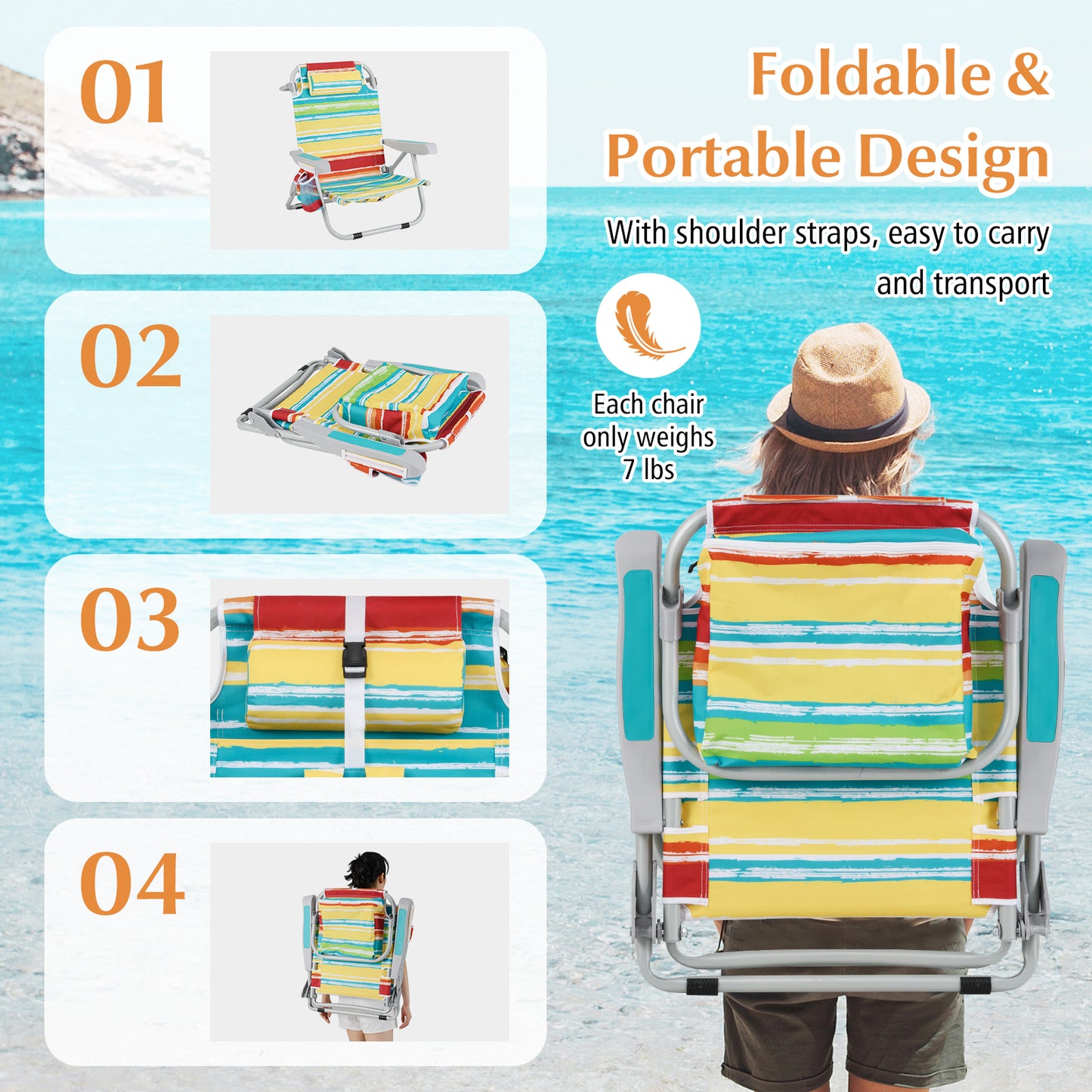 Foldable Beach Chair Set of 2 with Cup Holder & Storage