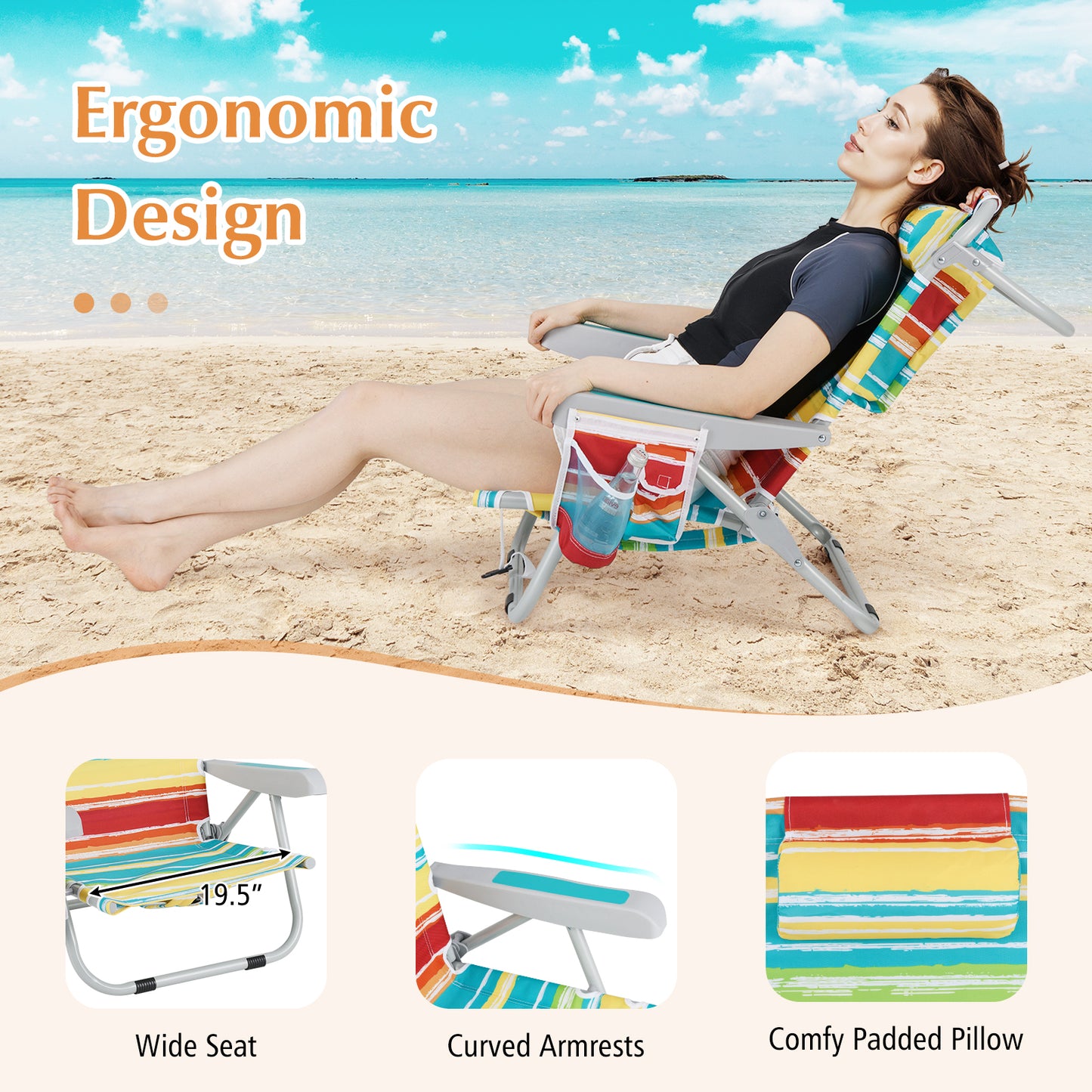 Foldable Beach Chair Set of 2 with Cup Holder & Storage