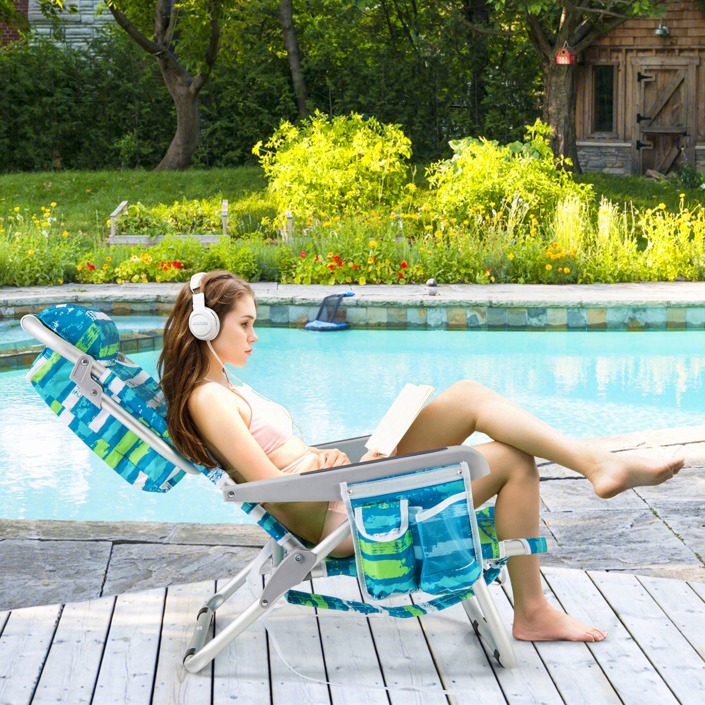 Foldable Beach Chair with 5-Position Backrest and Cup Holder