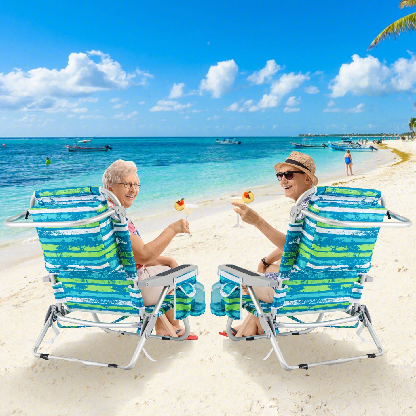 Foldable Beach Chair Set of 2 with Cup Holder & Storage