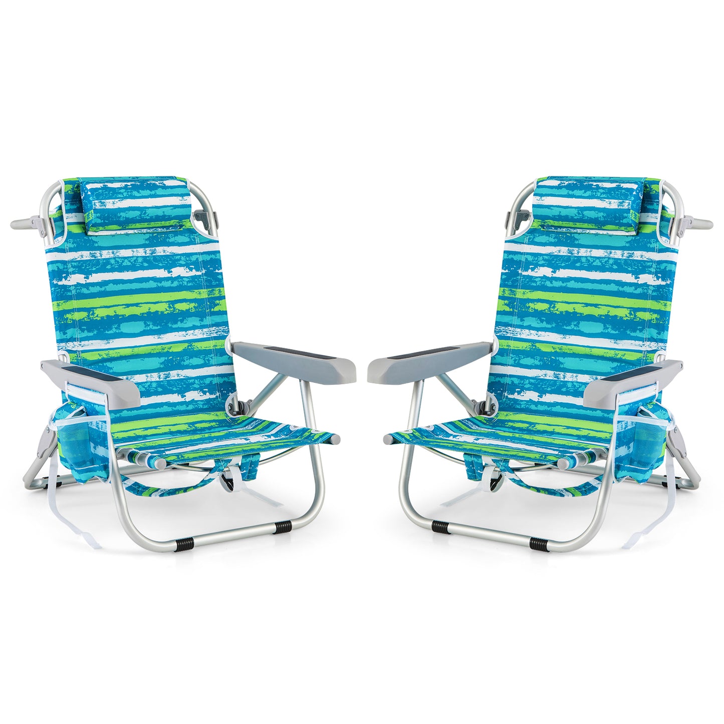 Foldable Beach Chair Set of 2 with Cup Holder & Storage