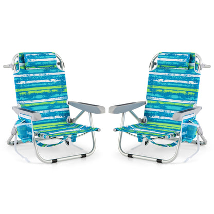 Foldable Beach Chair Set of 2 with Cup Holder & Storage