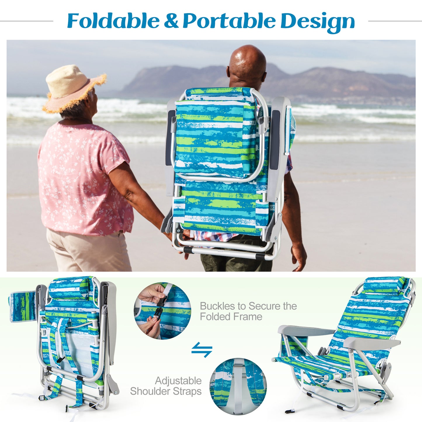 Foldable Beach Chair Set of 2 with Cup Holder & Storage