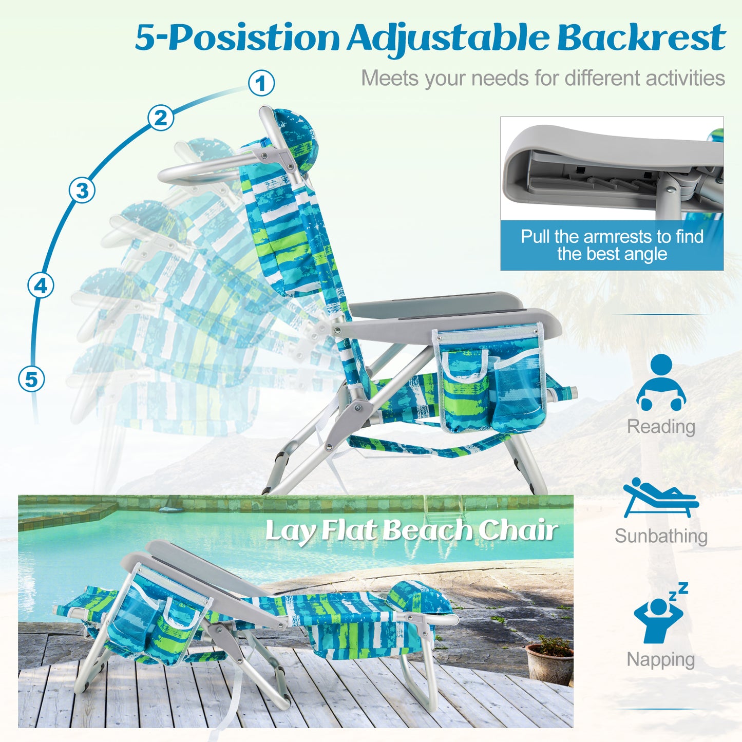 Foldable Beach Chair Set of 2 with Cup Holder & Storage