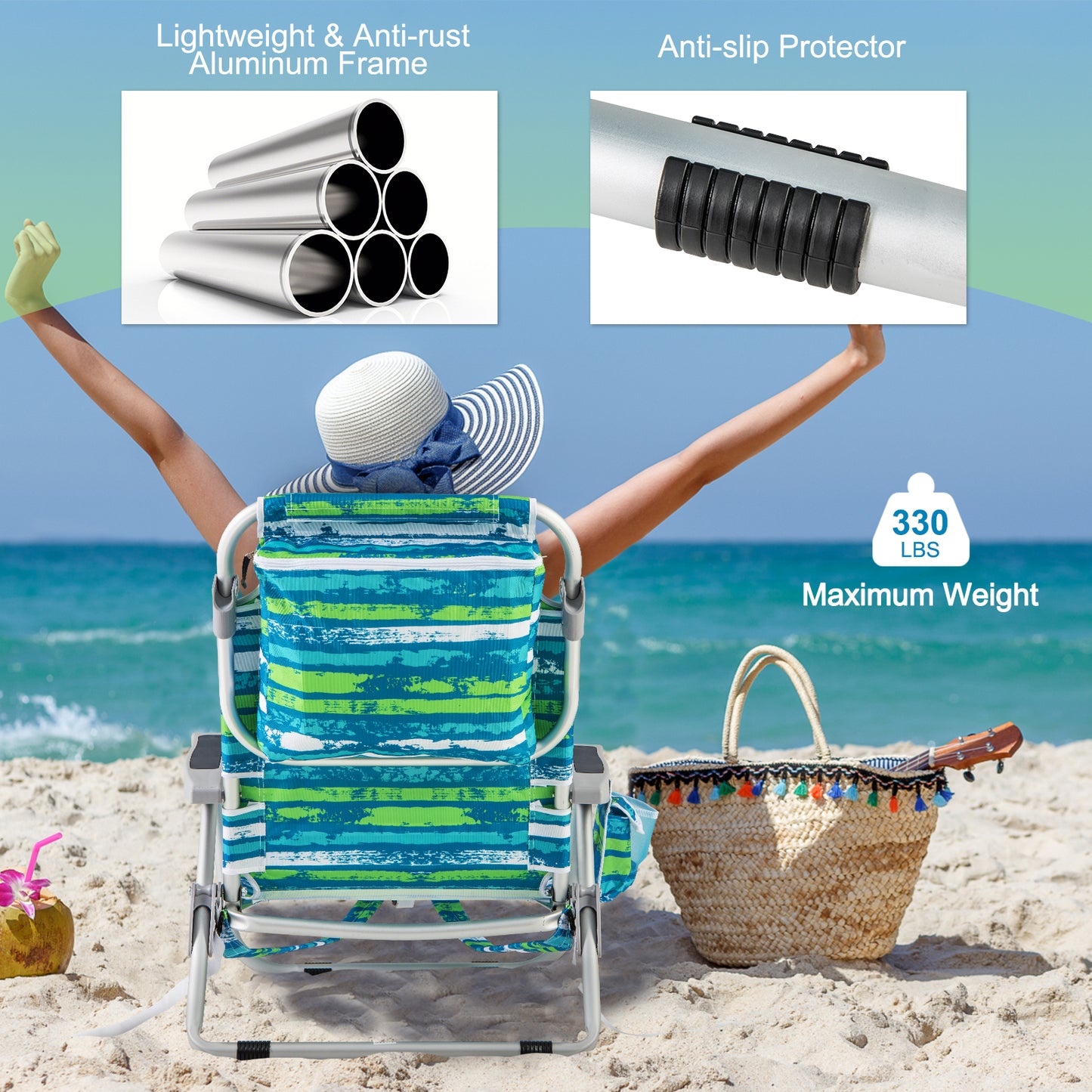 Foldable Beach Chair Set of 2 with Cup Holder & Storage